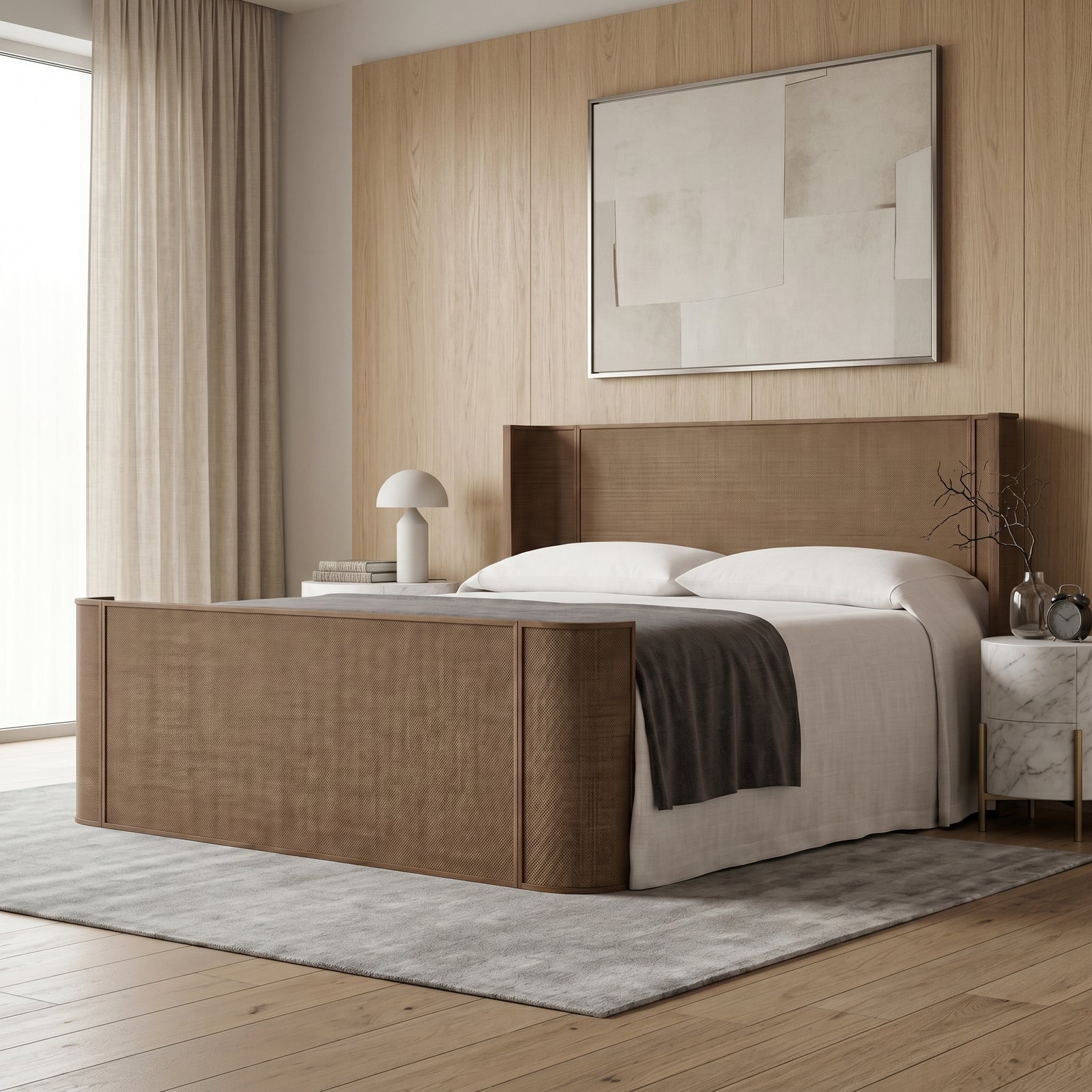 Cane Panel Wood Bed Frame