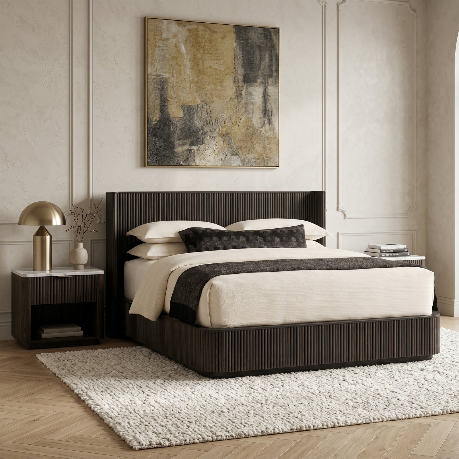 Fluted Dark Wood Bed