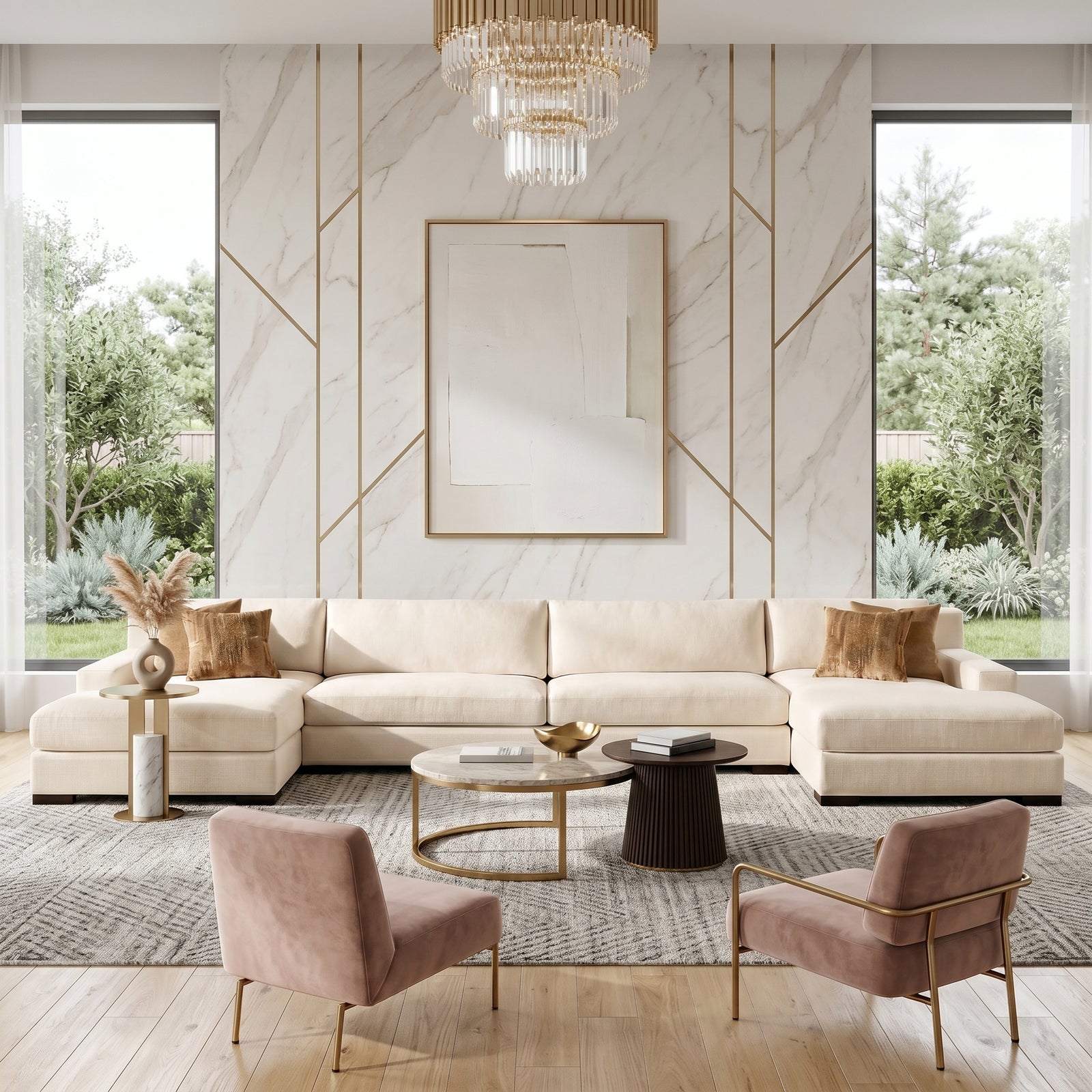 Beige Linen Sectional Sofa